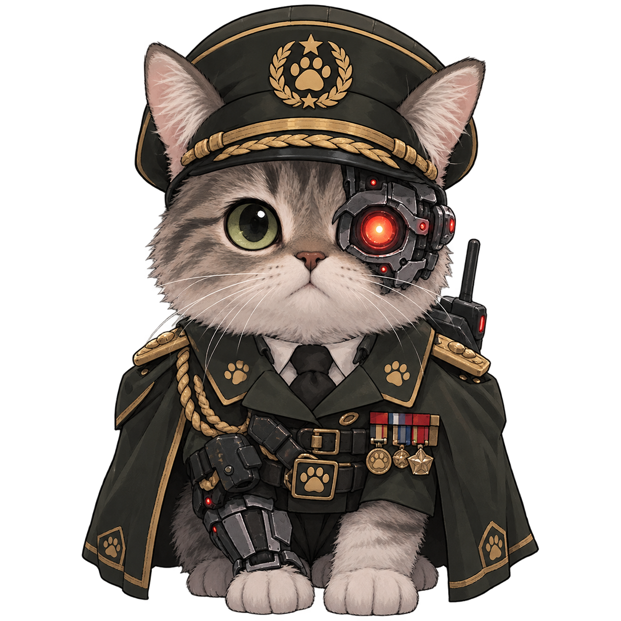 The General: a decorated military cat with a cybernetic red eye, commander of the General Purring Unit